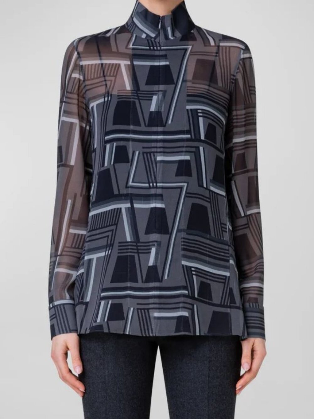 Akris Women's Black Zigzag Trapezoid Georgette Tunic Blouse Top Size 4